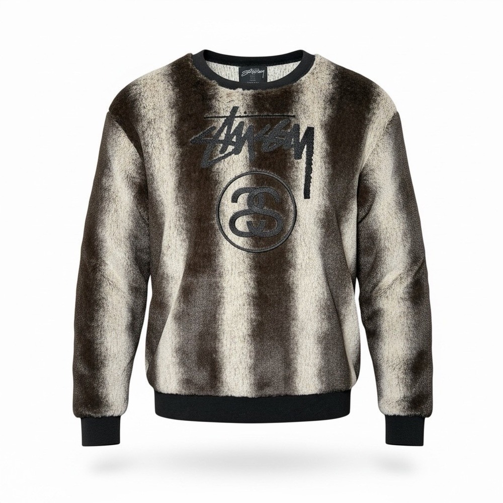 Stussy Men's Plush Fleece Crewneck Size M Brown Stripe Logo Cozy Streetwear